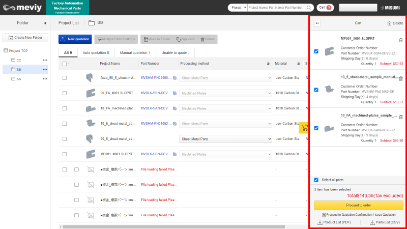 2.Open the cart and check the quotation results.