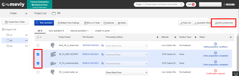 Return to the project list, select the parts you want to order, and click "Add to Cart"