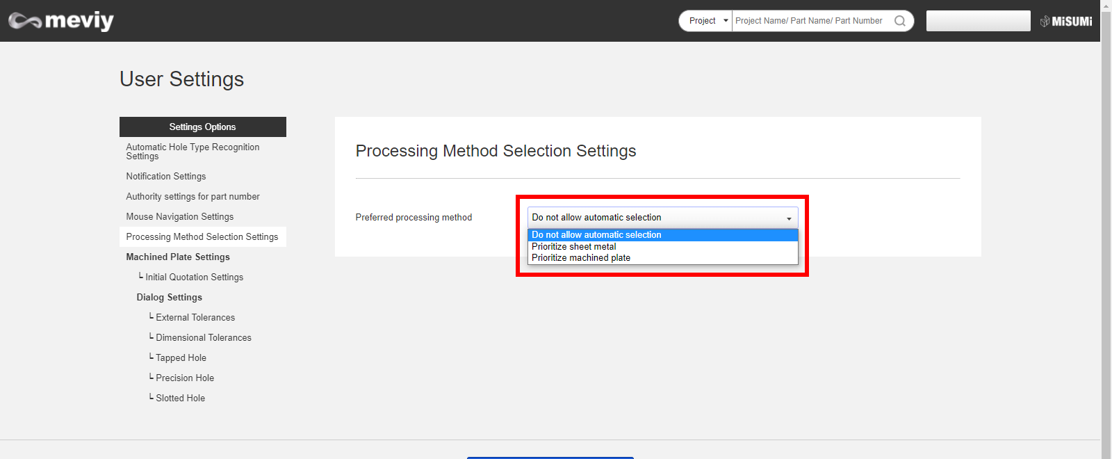 Automatic selection setting of processing method