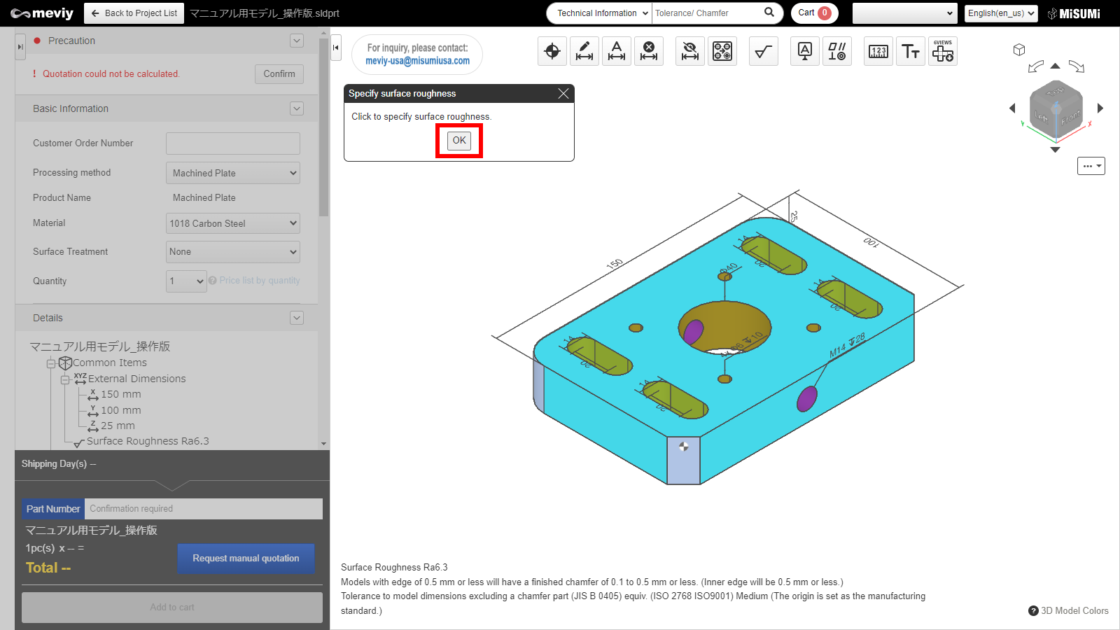 Select the area where the surface roughness is to be specified and click "OK.