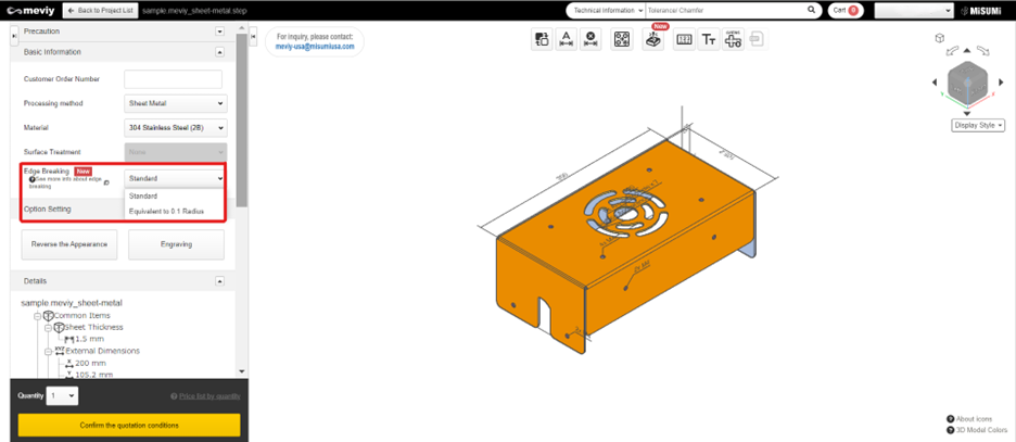 An image the meviy project screen; 02. Select “Equivalent to 0.1 Radius” in the Edge breaking menu.