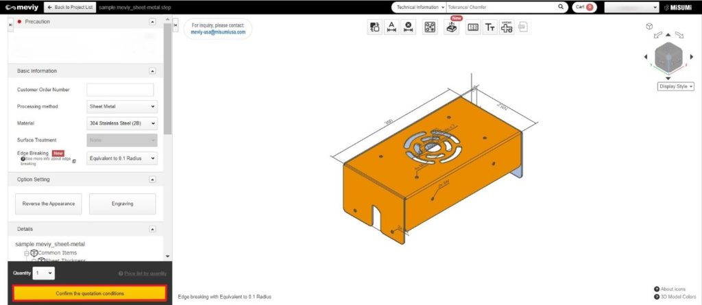 An image the meviy project screen; 03. Click "Confirm the quotation conditions" after "Edge breaking with Equivalent to 0.1 Radius" is displayed in the lower left corner of the 3D Viewer. 