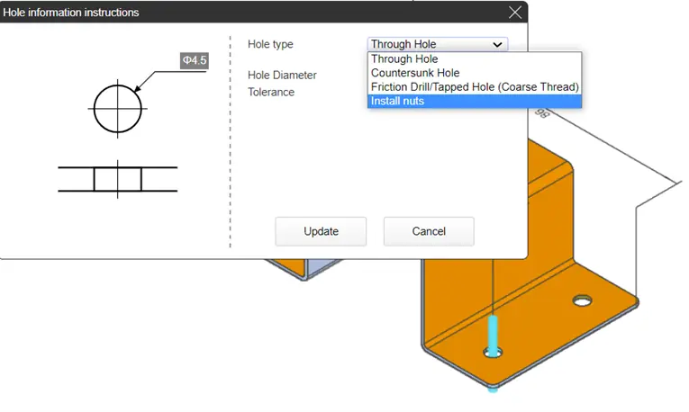 You can change the hole type by clicking on the drop-down menu and selecting “Install Nuts” to add your nut mounting.