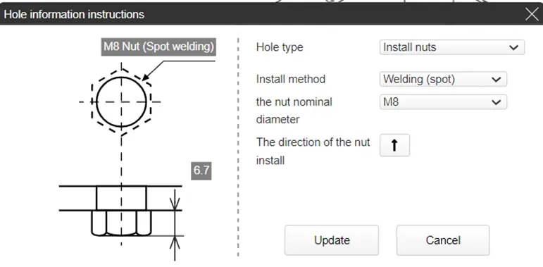 After choosing “Install Nuts,” you can now finalize all the remaining details by selecting your preferred installation method, the nut’s diameter, and lastly, the direction of the nut. To save all your changes, simply click the “Update” button.